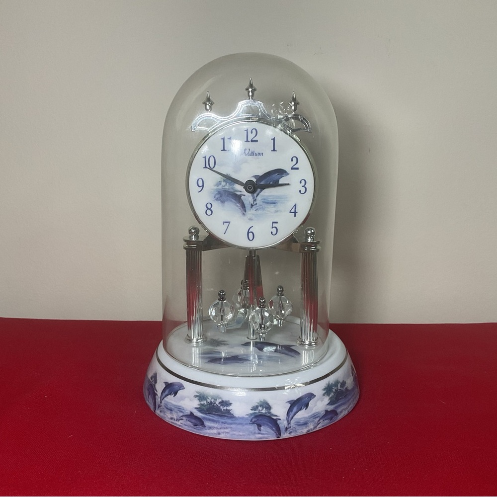 Waltham Dolphin Anniversary Clock Under Glass Dome Spinning Pendulum Working